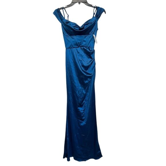 NWT B. Darlin | Blue Off The Shoulder Corset Wrap Side Slit Long Dress 0 - Picture 5 of 9